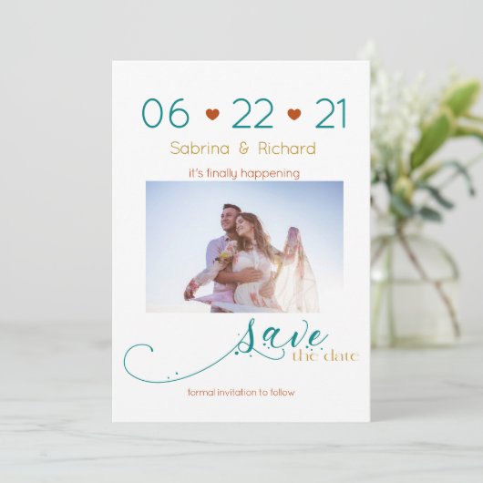 Driekleurige BOHO Minimale roestvrije Blauwgroen g Save The Date (Staand voorkant)