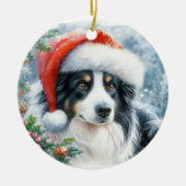 Driekleurige Border Collie Santa Hat Kerstmis Keramisch Ornament (Voorkant)