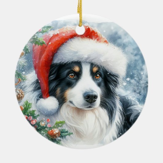 Driekleurige Border Collie Santa Hat Kerstmis Keramisch Ornament (Achterkant)