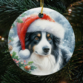 Driekleurige Border Collie Santa Hat Kerstmis Keramisch Ornament