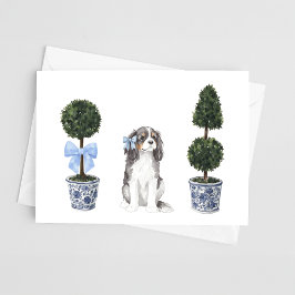 Driekleurige Cavalier Puppy Topiary Waterverf Kaart