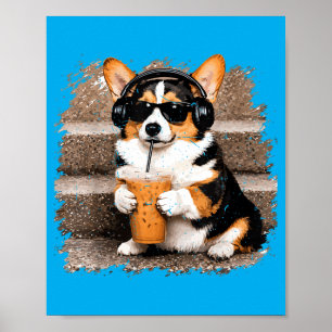 Driekleurige Corgi Drinkt IJskoude Koffie Grappige Poster