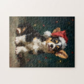 Driekleurige Corgi Puppy Kerstschilderij Legpuzzel (Horizontaal)