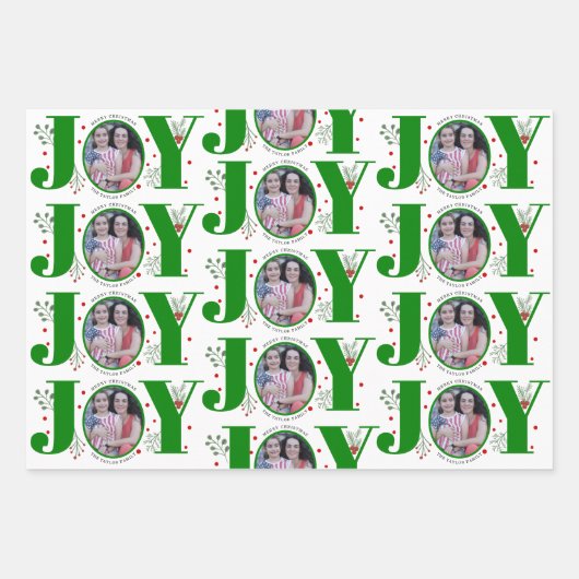 Driekleurige groene Joy Christmas vakantiefoto Inpakpapier Vel (Voorkant 2)