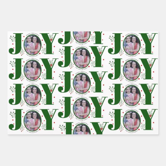 Driekleurige groene Joy Christmas vakantiefoto Inpakpapier Vel (Voorkant)
