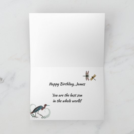 Driekleurige Heron en Dragonflies Verjaardag Kaart (Binnen)