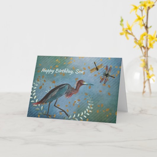 Driekleurige Heron en Dragonflies Verjaardag Kaart (Gele Bloem)