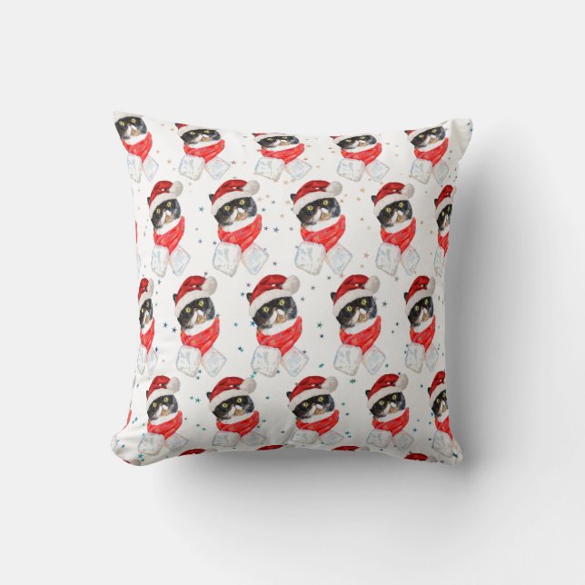 Driekleurige Katten Kerst Aquarel met Sjaal Kussen (Voorkant)