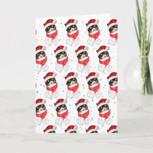 Driekleurige Kerstkat Aquarel met Sjaal Feestdagen Kaart (Voorkant)