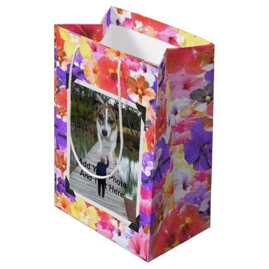 driekleurige mozaïek hibiscus bloemen, medium cadeauzakje (Achterkant Gekanteld)