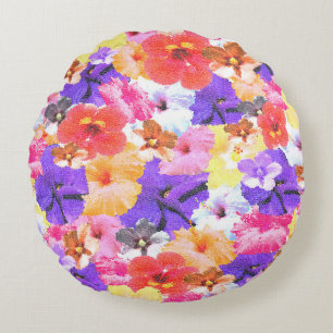 driekleurige mozaïek hibiscus bloemen, rond kussen