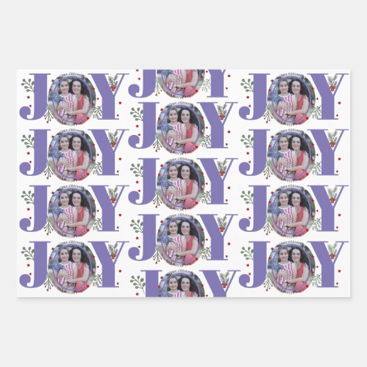 Driekleurige paarse Joy Christmas vakantiefoto Inpakpapier Vel (Voorkant 3)