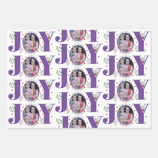 Driekleurige paarse Joy Christmas vakantiefoto Inpakpapier Vel (Voorkant 2)