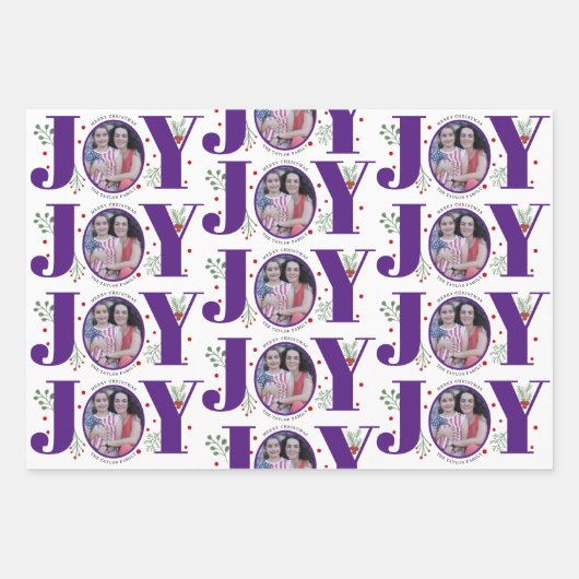 Driekleurige paarse Joy Christmas vakantiefoto Inpakpapier Vel (Voorkant)