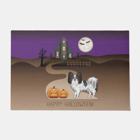 Driekleurige Papillon-hond en Halloween-spookhuis Deurmat (Voorkant)
