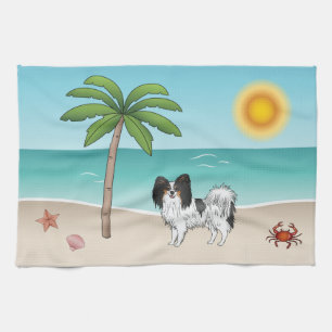 Driekleurige Papillon-hond op een tropisch zomerse Theedoek