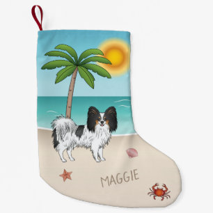 Driekleurige Papillon Hond Op Een Tropisch Zomerst Kleine Kerstsok