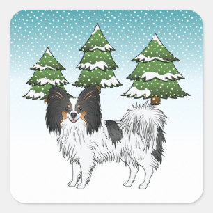 Driekleurige Papillon Mooie Hond In Een Winterbos Vierkante Sticker