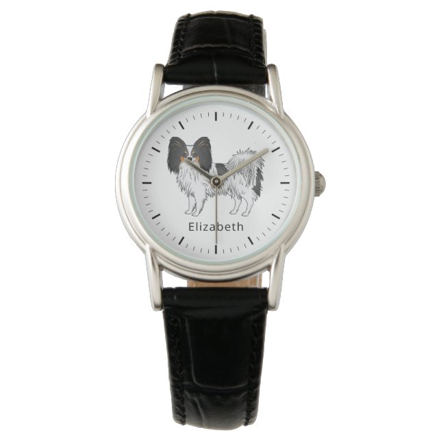 Driekleurige Papillon Mooie Hond Met Aangepaste Na Horloge (Voorkant)