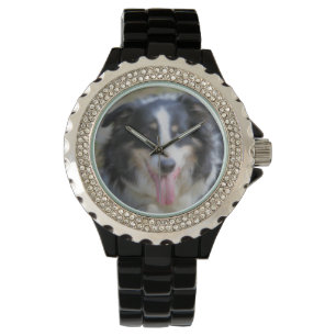Driekleurige rand Collie Dog Face Horloge