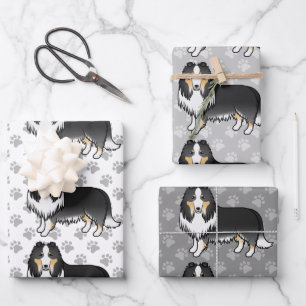Driekleurige Rough Collie Cute Cartoon Hondenpatro Inpakpapier Vel