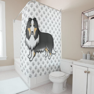 Driekleurige Rough Collie Schattige Cartoon Hond & Douchegordijn