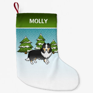 Driekleurige Sheltie Cartoon Hond In Winter & Naam Kleine Kerstsok