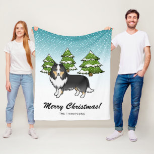 Driekleurige Sheltie Cartoon Hond In Winter & Teks Fleece Deken