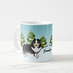 Driekleurige Sheltie Cartoonhond in de Winter & Na Koffiemok
