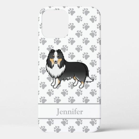 Driekleurige Shetland Sheepdog Cartoon Hond & Naam Case-Mate iPhone Case (Achterkant)
