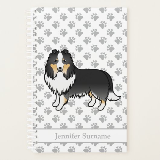 Driekleurige Shetland Sheepdog Cartoon Hond & Naam Planner (Voorkant)