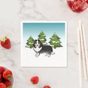 Driekleurige Shetland Sheepdog In Een Winterbos Servet