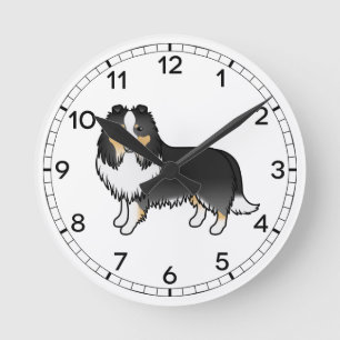 Driekleurige Shetland Sheepdog Sheltie Cartoon Hon Ronde Klok