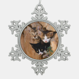 Driekundige kat Kittens wordt geconfronteerd met g Tin Sneeuwvlok Ornament
