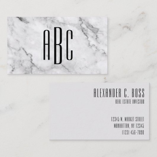 Drieletterig monogram grijze marmer en zwart visitekaartje (Voorkant / Achterkant)