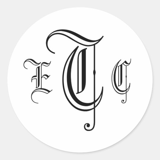 Drieletterige monogram zwart-witte envelopzegel ronde sticker (Voorkant)