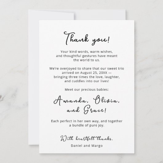 Drieling Baby Meisjes Bedankt Kaart Met Foto (Achterkant)