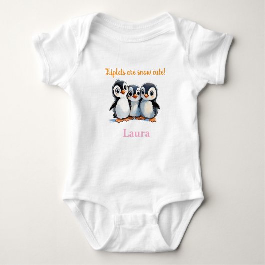 Drieling Baby shower cadeau, pinguïns, met namen, Romper (Voorkant)