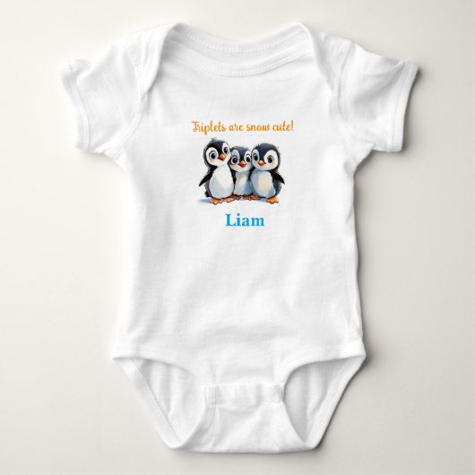 Drieling Baby shower cadeau, pinguïns, met namen, Romper (Voorkant)