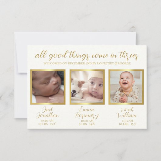 Drieling baby's geboorte aankondiging drie Kaart (Voorkant)
