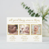 Drieling baby's geboorte aankondiging drie Kaart (Staand voorkant)