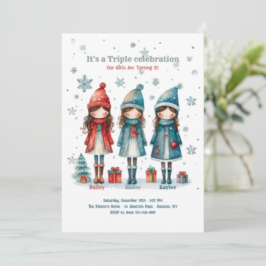 Drieling Meisjes Kerstfeest Kaart (Staand voorkant)