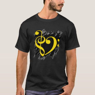 Driemaal gestreepte en basse-sleutels muziek hart t-shirt