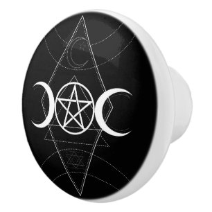 Driemaal Maan Godin Pentagram Zwart & Wit Wicca Keramische Knop