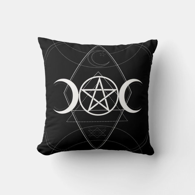 Driemaans Geometrie Pentagram Zwart & Wit Wicca Kussen (Voorkant)