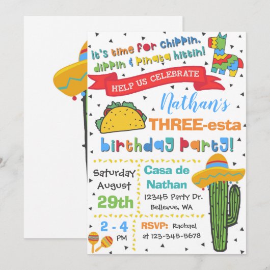 Driesta-uitnodiging | 3e verjaardag Fiesta Kaart (Voorkant / Achterkant)