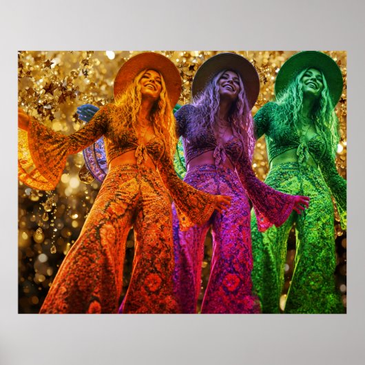 Drietal dames in disco dansen in Bell Bottom-outfi Poster (Voorkant)