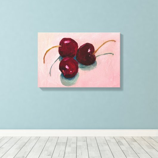 Drietal kersen olieverf fruit canvas afdruk (Insitu (Houten vloer))