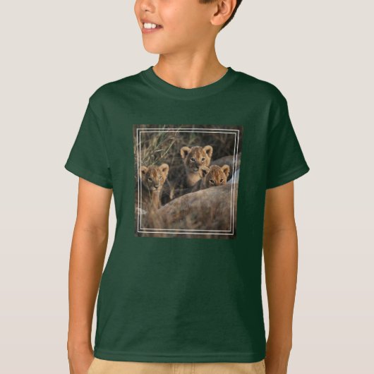 Drietal leeuwenwelpen met moeder t-shirt (Voorkant)