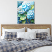 Drietal van Tranquility: Blauwe Hortensia's Canvas Afdruk (Insitu (Slaapkamer))